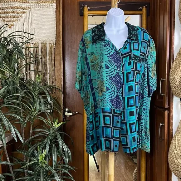 Vintage Plus Size 2 Piece Set 22W 24W Teal Patchwork Rayon Pants Shirt Outfit - Picture 4 of 16